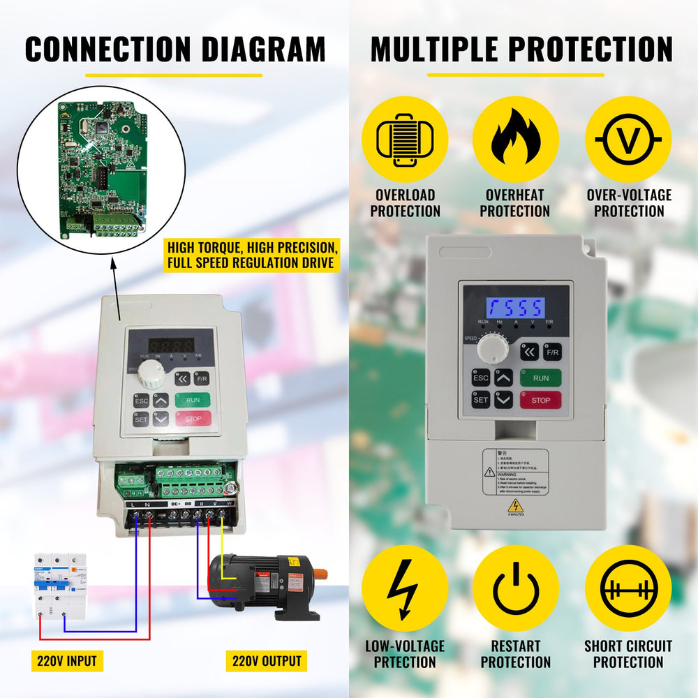 Connection diagram and multiple protection features for VEVOR 2.2KW 220V VFD