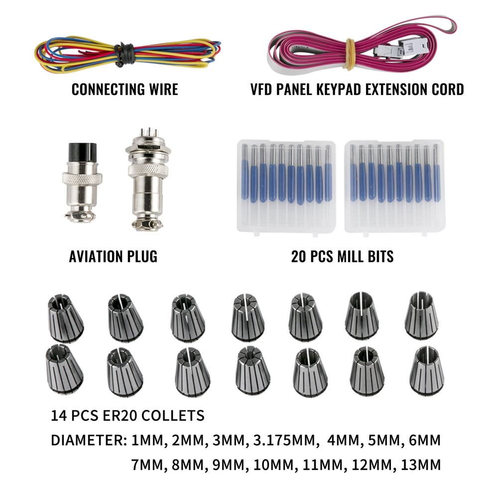 Included accessories: connecting wire, VFD keypad extension cord, aviation plugs, 20pcs mill bits, and 14pcs ER20 collets