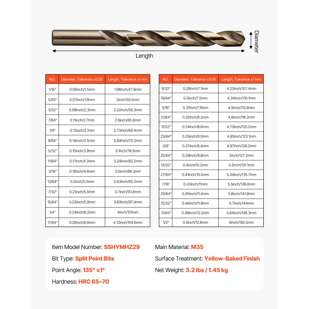 VEVOR Cobalt Drill Bit Set, 29 Pcs, M35 High Speed Steel Cobalt Drill Bits with Storage Case, for Drilling Metal, Stainless Steel, Aluminum Alloy, Wood, Plastic, for Professional Work and Home DIY