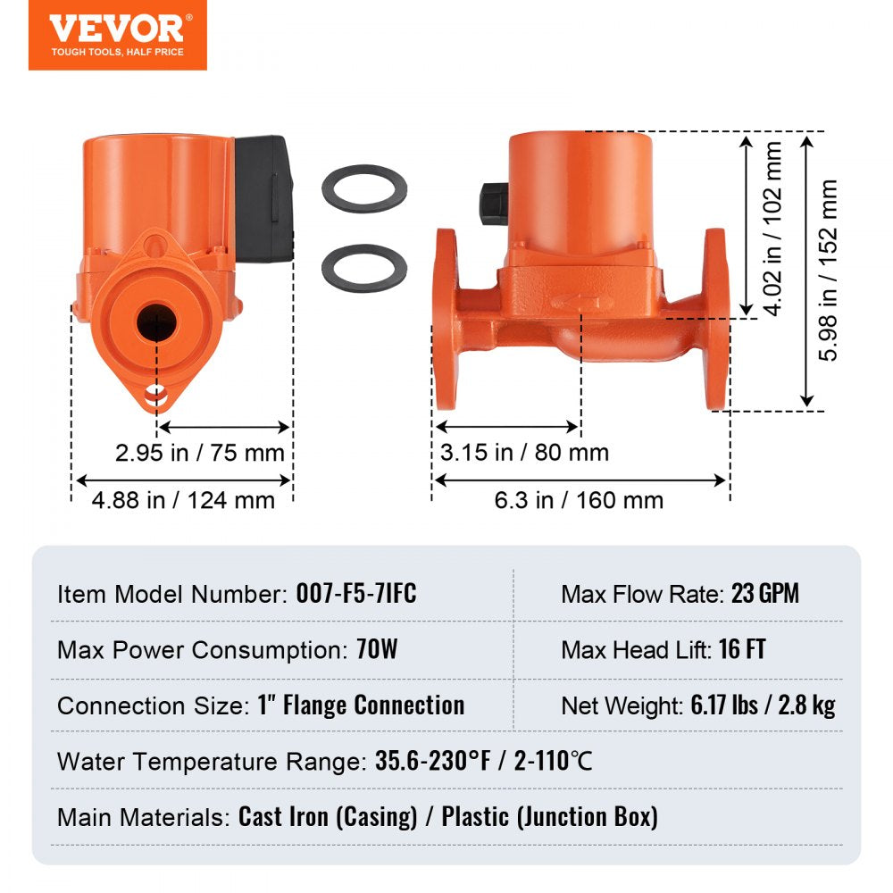 VEVOR 007-F5-7IFC Hot Water Recirculating Pump, 110V, 70W 23 GPM Hot Water Circulation Pump, 1" NPT Flange 3-Speed Circulator Pump, Quiet Operation Circulator Pump for Home Water Heater System