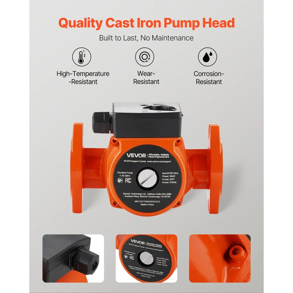 Vevor Cast Iron Circulator Pump Hot Water Recirculating 17 GPM 20' AC1 ...