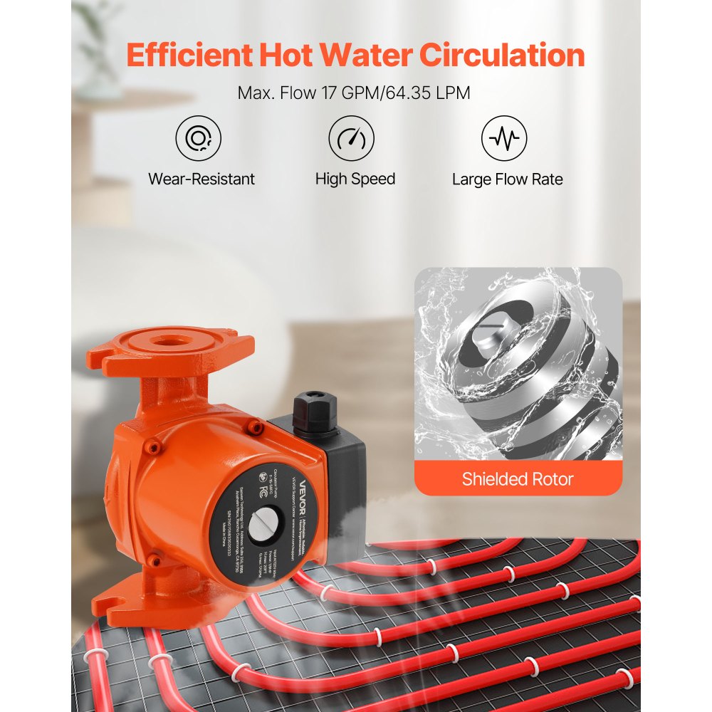 VEVOR F-15-58FC Cast Iron Circulator Pump, 17 GPM, AC 120V 20 ft Hot Water Recirculating Circulation Pump, 1-Inch Flange Connection, 3-Speed Adjustment, Quiet Operation, for Home Water Heating System