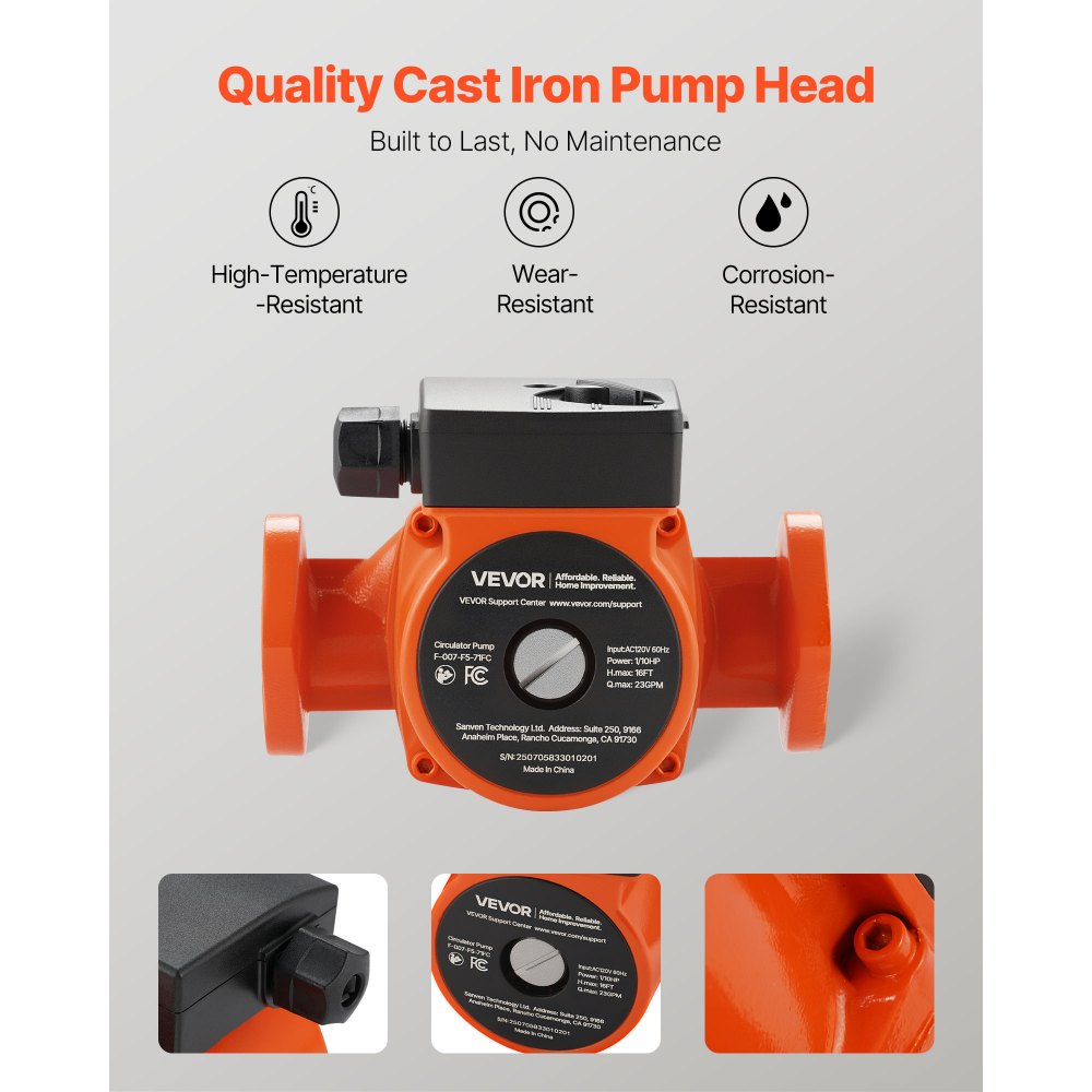 VEVOR F-007-F5-71FC Cast Iron Circulator Pump, 23 GPM, AC 120V 16 ft Hot Water Recirculating Circulation Pump, 1-Inch Flange Connection, 3-Speed Adjustment, Quiet Operation, for Home Heating System
