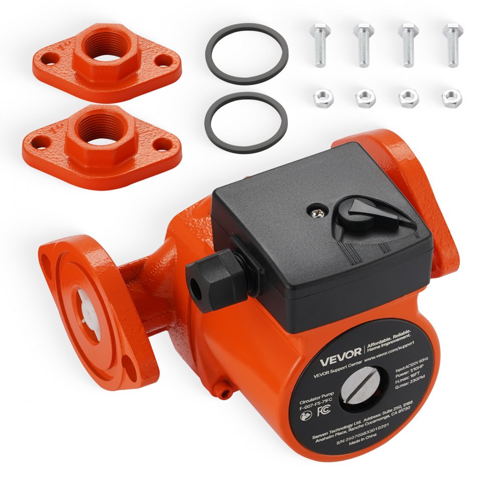 VEVOR F-007-F5-71FC Cast Iron Circulator Pump, 23 GPM, AC 120V 16 ft Hot Water Recirculating Circulation Pump, 1-Inch Flange Connection, 3-Speed Adjustment, Quiet Operation, for Home Heating System