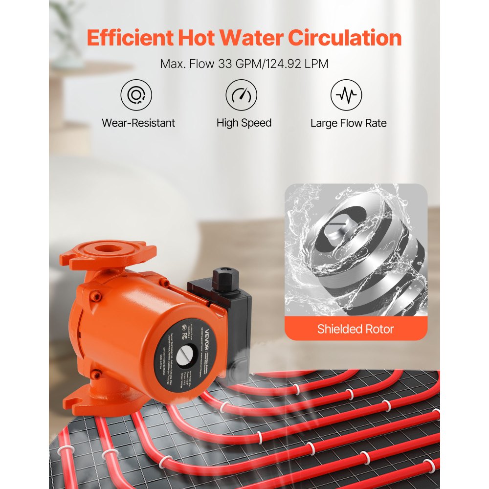 VEVOR 0011-BF4-J Cast Iron Circulator Pump, 33 GPM, AC 120V 33 ft Hot Water Recirculating Circulation Pump, 1-1/4 in Flange Connection, 3-Speed Adjustment, Quiet Operation, for Home Heating System