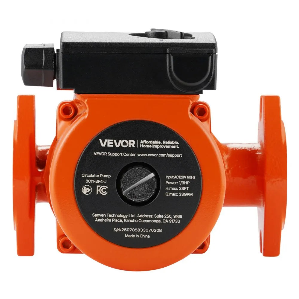 VEVOR 0011-BF4-J Cast Iron Circulator Pump, 33 GPM, AC 120V 33 ft Hot Water Recirculating Circulation Pump, 1-1/4 in Flange Connection, 3-Speed Adjustment, Quiet Operation, for Home Heating System
