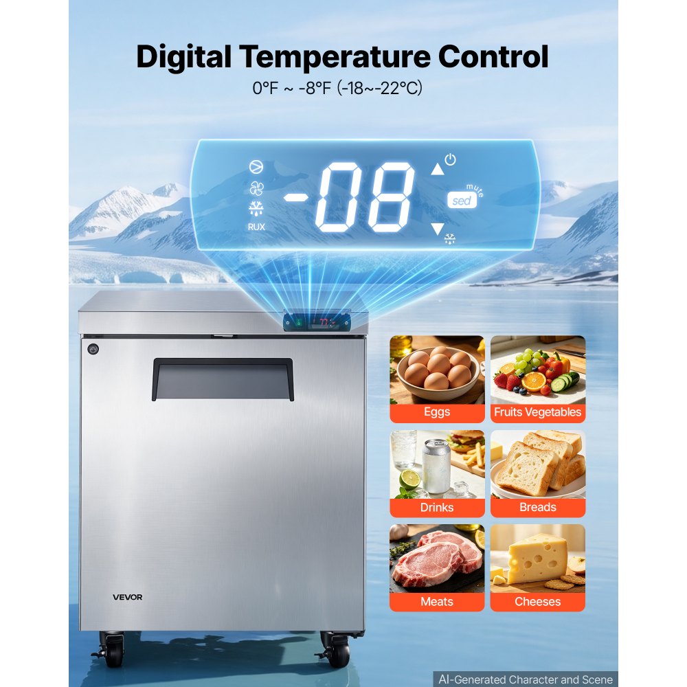 VEVOR 31"W Commercial Freezer -8℉ to 0℉ Defrost Undercounter Worktop, 7.2 Cu. Ft Mobile Prep Frozen, 1 Door Stainless Steel Freezers with Lock, LED Light, Heavyload Top for Restaurant Kitchen