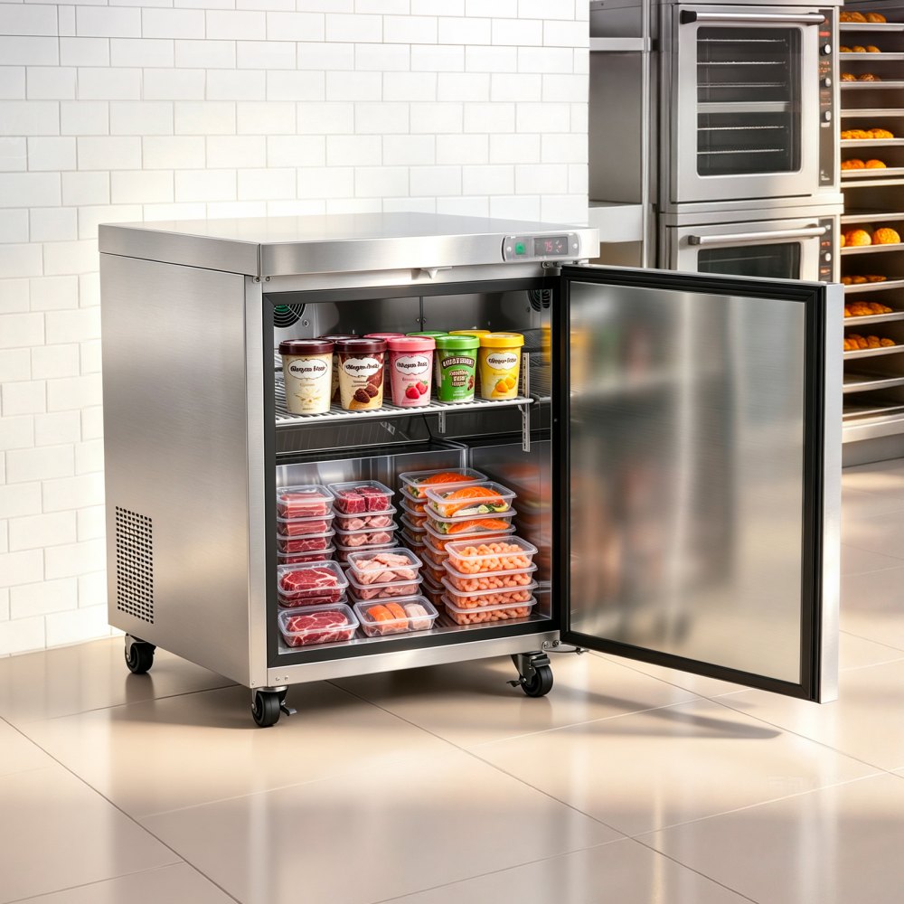 VEVOR 31"W Commercial Freezer -8℉ to 0℉ Defrost Undercounter Worktop, 7.2 Cu. Ft Mobile Prep Frozen, 1 Door Stainless Steel Freezers with Lock, LED Light, Heavyload Top for Restaurant Kitchen