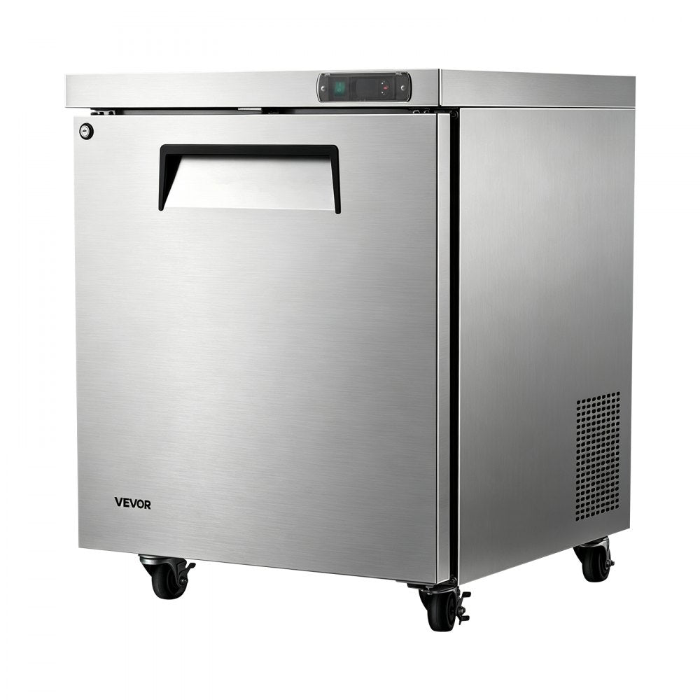 VEVOR 31"W Commercial Freezer -8℉ to 0℉ Defrost Undercounter Worktop, 7.2 Cu. Ft Mobile Prep Frozen, 1 Door Stainless Steel Freezers with Lock, LED Light, Heavyload Top for Restaurant Kitchen