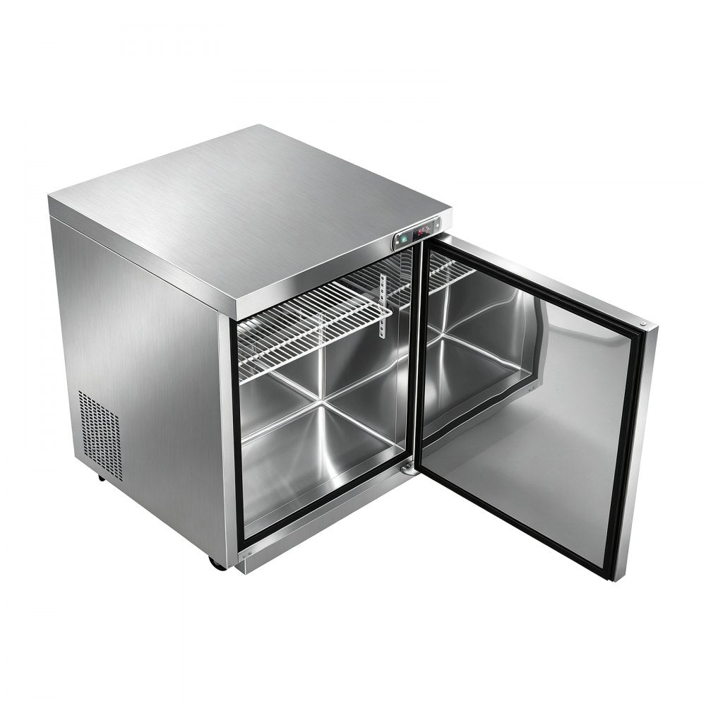 VEVOR 31"W Commercial Freezer -8℉ to 0℉ Defrost Undercounter Worktop, 7.2 Cu. Ft Mobile Prep Frozen, 1 Door Stainless Steel Freezers with Lock, LED Light, Heavyload Top for Restaurant Kitchen