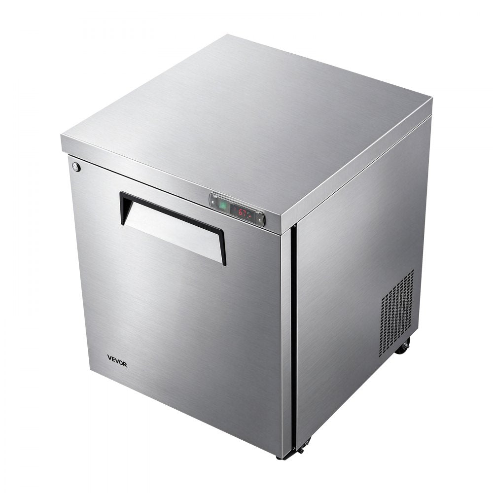 VEVOR 31"W Commercial Freezer -8℉ to 0℉ Defrost Undercounter Worktop, 7.2 Cu. Ft Mobile Prep Frozen, 1 Door Stainless Steel Freezers with Lock, LED Light, Heavyload Top for Restaurant Kitchen