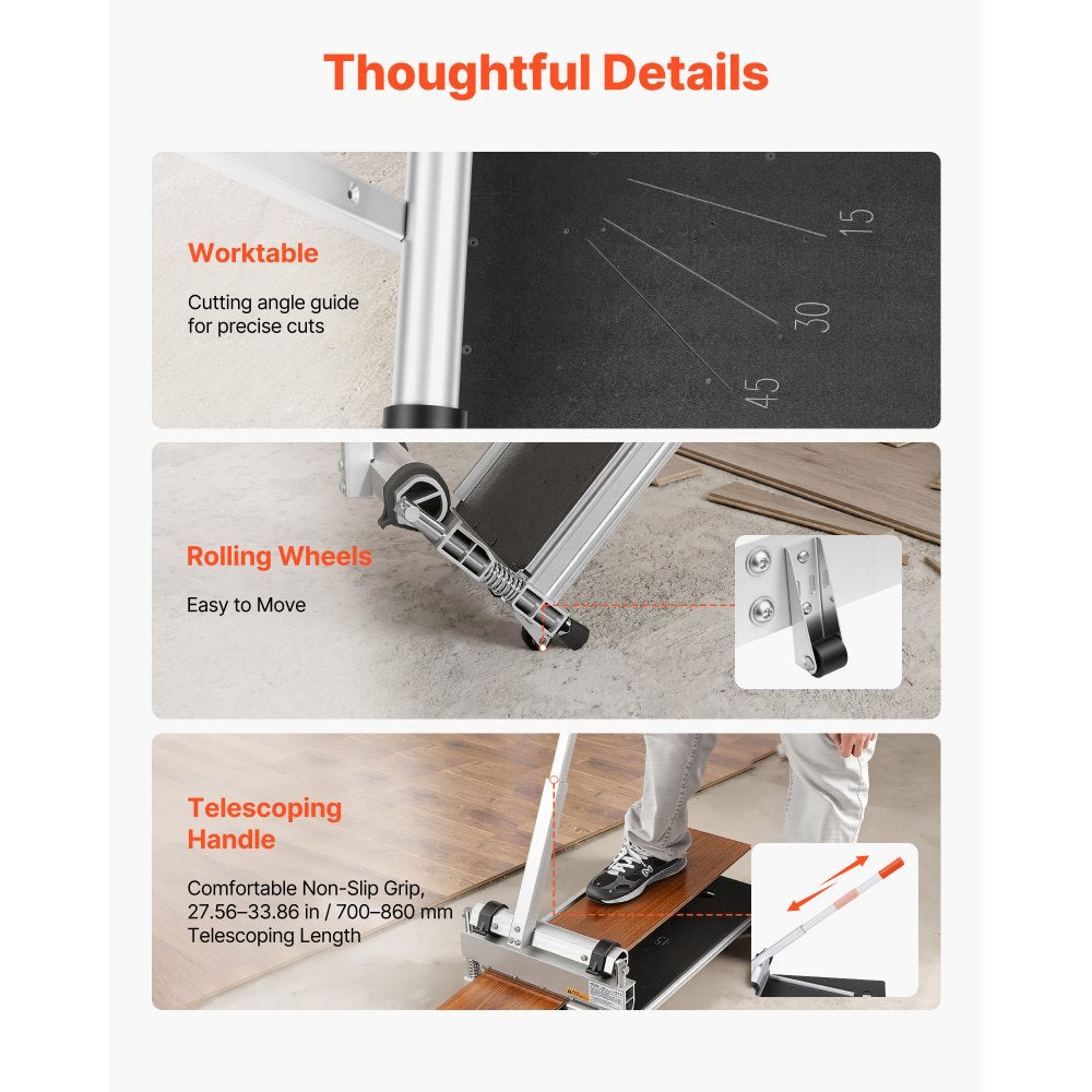 VEVOR 13 inch Vinyl Floor Cutter, 16mm Thick Laminate Flooring Cutter with 15°/30°/45° Adjustable Angle Settings, Flexible Wheels, Telescoping Handle, Cuts Engineered Wood, LVT, VCT, SPC, LVP, WPC