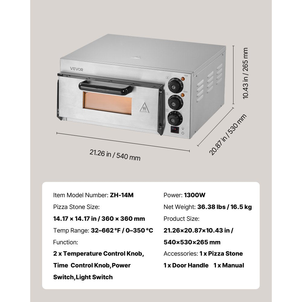 VEVOR Commercial Pizza Oven Countertop, 14-Inch Single Deck Layer, Stainless Steel Electric Pizza Oven with Stone and Handle, Multipurpose Indoor Pizza Maker for Restaurant Home Pretzels Baked