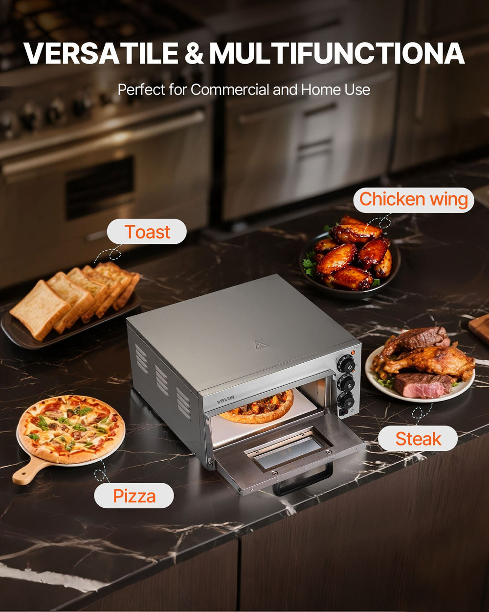 VEVOR Commercial Pizza Oven Countertop, 14-Inch Single Deck Layer, Stainless Steel Electric Pizza Oven with Stone and Handle, Multipurpose Indoor Pizza Maker for Restaurant Home Pretzels Baked