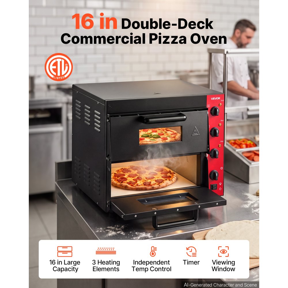 VEVOR Electric Pizza Oven, 2x16-Inch Double Deck Countertop Pizza Maker for Home Kitchen Restaurant, Heavy-Duty Iron Body, 662℉, Independent Temp & Time Control, 2700W Commercial Cooker, 2 Stones
