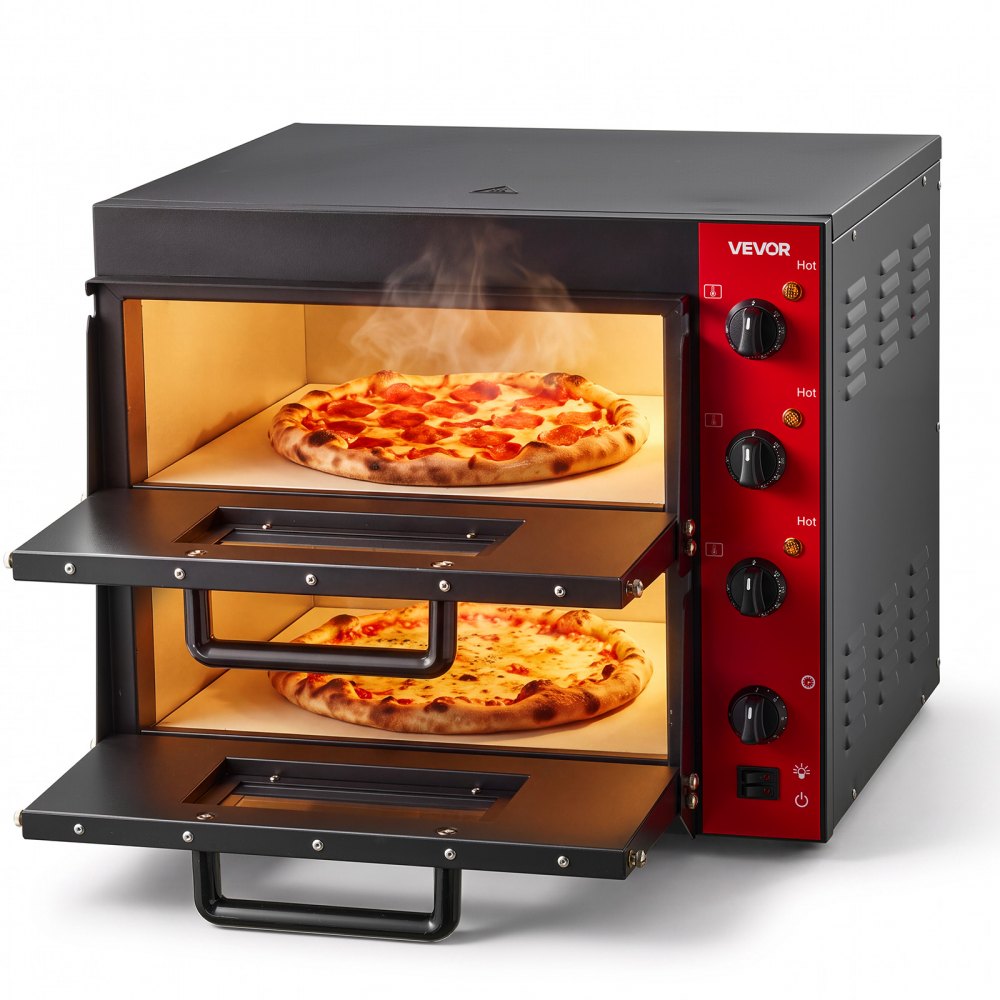 VEVOR Electric Pizza Oven, 2x16-Inch Double Deck Countertop Pizza Maker for Home Kitchen Restaurant, Heavy-Duty Iron Body, 662℉, Independent Temp & Time Control, 2700W Commercial Cooker, 2 Stones