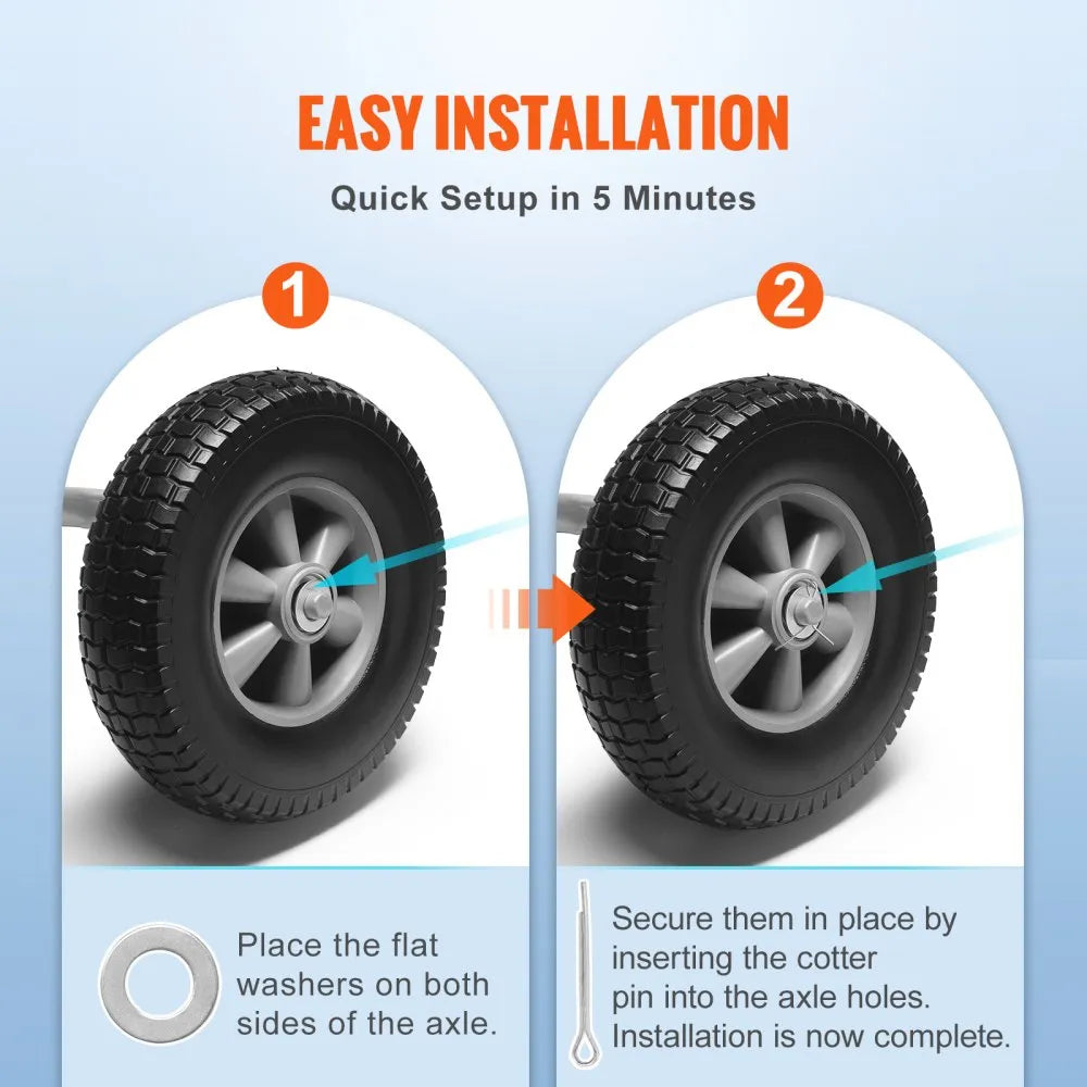 VEVOR Solid PU Run-Flat Tire Wheel, 10", 2-Pack, 180 lbs Dynamic Load, 220 lbs Static Load, Flat Free Tubeless Tires and Wheels for Hand Truck, Utility Cart, Dollies, Garden Trailers, Various Carts