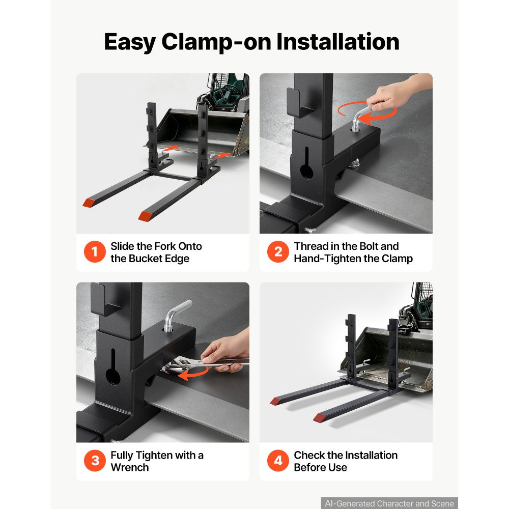 VEVOR Pallet Forks 4000 lbs 60 in Clamp-On Pallet Forks with Anti-Tilt Bar, Tractor Attachment for Skid Steer & Loader Bucket, Adjustable Stabilizer Bar, Heavy-Duty Reinforced Bucket Fork, Orange Tips