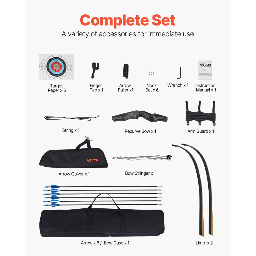 VEVOR Recurve Bow and Arrows Kit, 60 inch Wooden Takedown Bows, Right Handed Ergonomic Archery Recurve Bow Package, Longbow for Outdoor Target Training Practice Hunting, Beginners to Advanced, 50 lbs