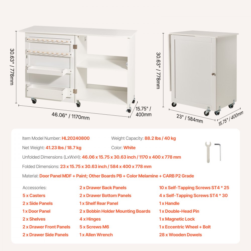 VEVOR Folding Sewing Table, Multipurpose Sewing Machine Table with Compact Design, Wheels, Shelves, Storage Trays, Wooden Pegs, and Magnetic Doors, Sewing Desk Cabinet for Sewing Machine, White