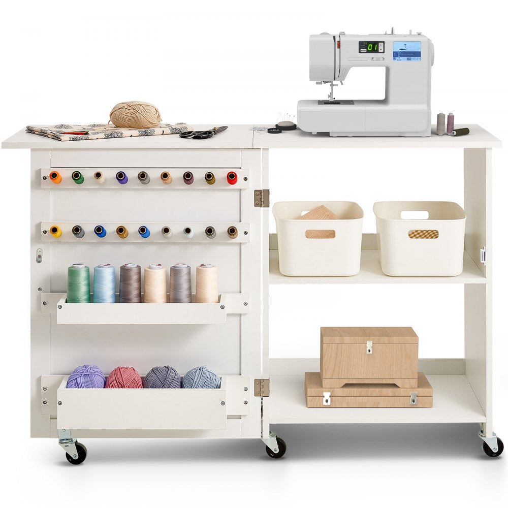 VEVOR Folding Sewing Table, Multipurpose Sewing Machine Table with Compact Design, Wheels, Shelves, Storage Trays, Wooden Pegs, and Magnetic Doors, Sewing Desk Cabinet for Sewing Machine, White