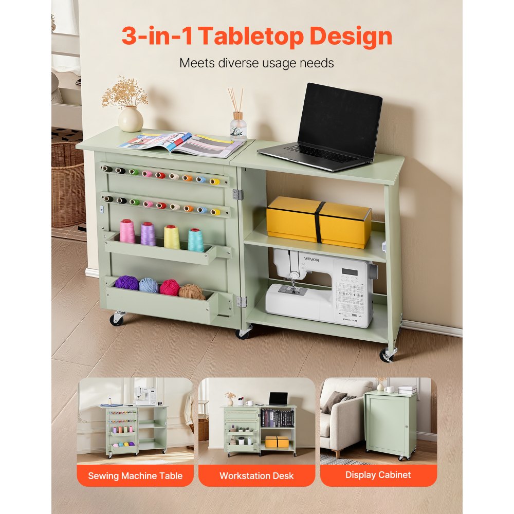 VEVOR Folding Sewing Table, Multipurpose Sewing Machine Table with Compact Design, Wheels, Wooden Pegs, Storage Trays and Shelf, Magnetic Door Lock, Craft Station and Side Desk for Home, Light Green