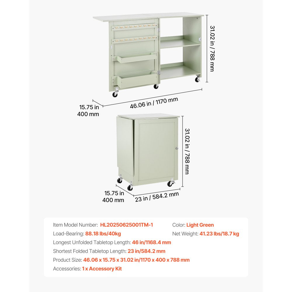 VEVOR Folding Sewing Table, Multipurpose Sewing Machine Table with Compact Design, Wheels, Wooden Pegs, Storage Trays and Shelf, Magnetic Door Lock, Craft Station and Side Desk for Home, Light Green
