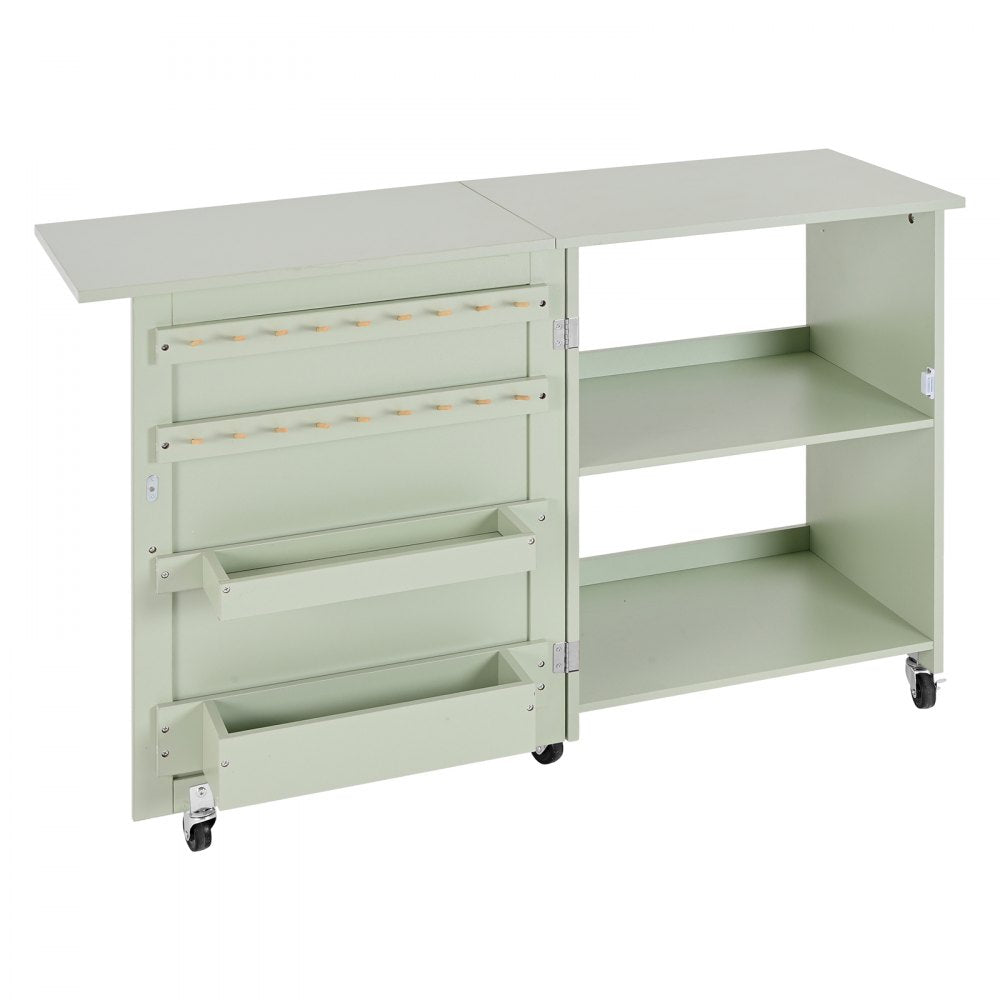 VEVOR Folding Sewing Table, Multipurpose Sewing Machine Table with Compact Design, Wheels, Wooden Pegs, Storage Trays and Shelf, Magnetic Door Lock, Craft Station and Side Desk for Home, Light Green