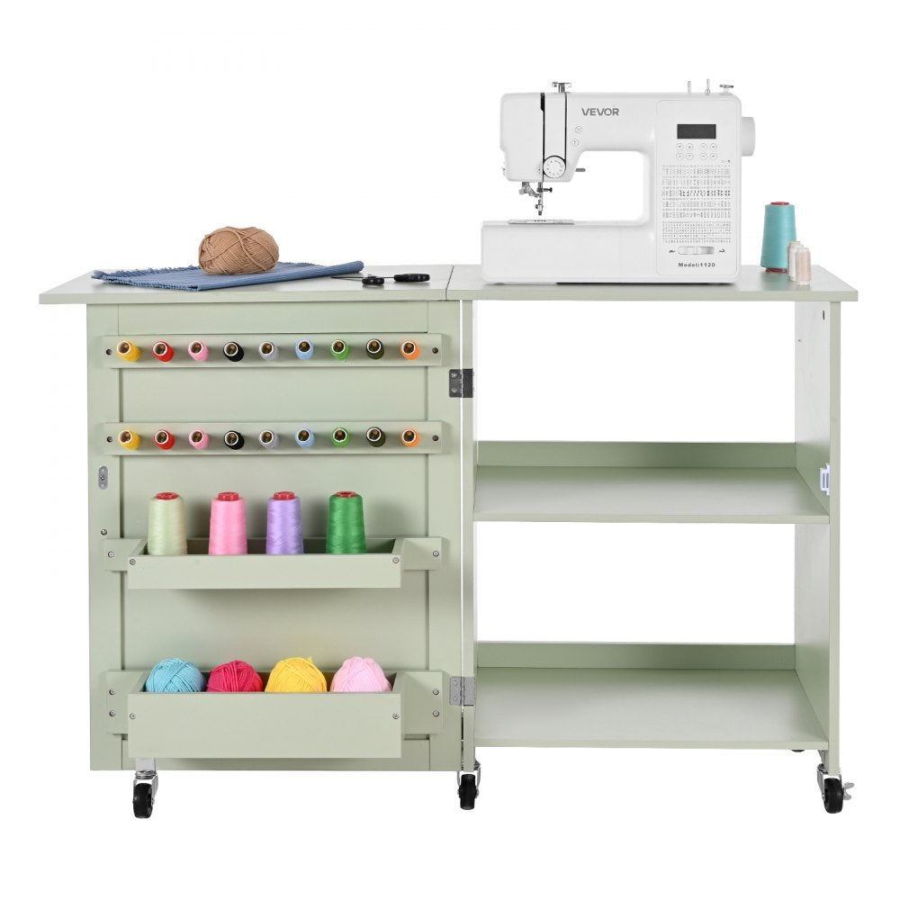 VEVOR Folding Sewing Table, Multipurpose Sewing Machine Table with Compact Design, Wheels, Wooden Pegs, Storage Trays and Shelf, Magnetic Door Lock, Craft Station and Side Desk for Home, Light Green