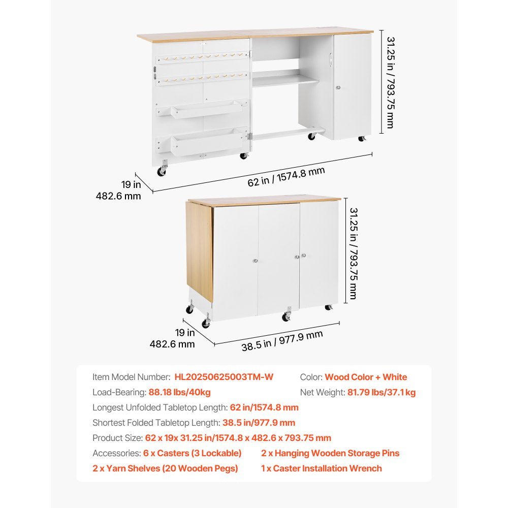 VEVOR Folding Sewing Table, Multipurpose Sewing Machine Table with Cabinet, Charging Station, Compact Design, Wheels, Wooden Pegs, Storage Trays and Shelf, Craft Station and Side Desk for Home