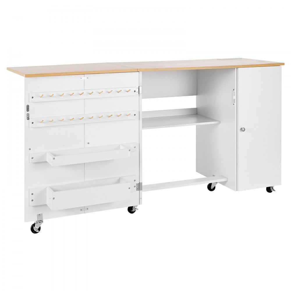 VEVOR Folding Sewing Table, Multipurpose Sewing Machine Table with Cabinet, Charging Station, Compact Design, Wheels, Wooden Pegs, Storage Trays and Shelf, Craft Station and Side Desk for Home