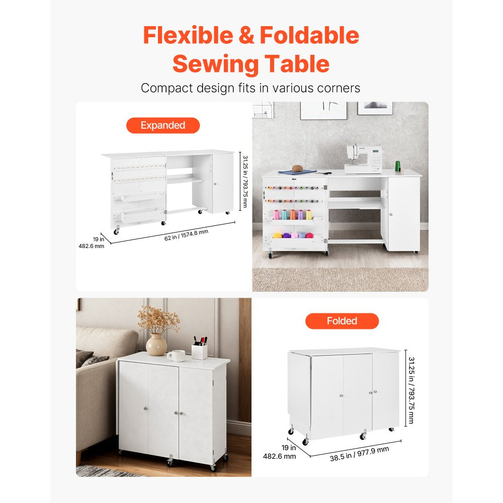 VEVOR Folding Sewing Table, Multipurpose Sewing Machine Table with Cabinet, Compact Design, Wheels, Wooden Pegs, Storage Trays and Shelf, Magnetic Door, Craft Station and Side Desk for Home, White