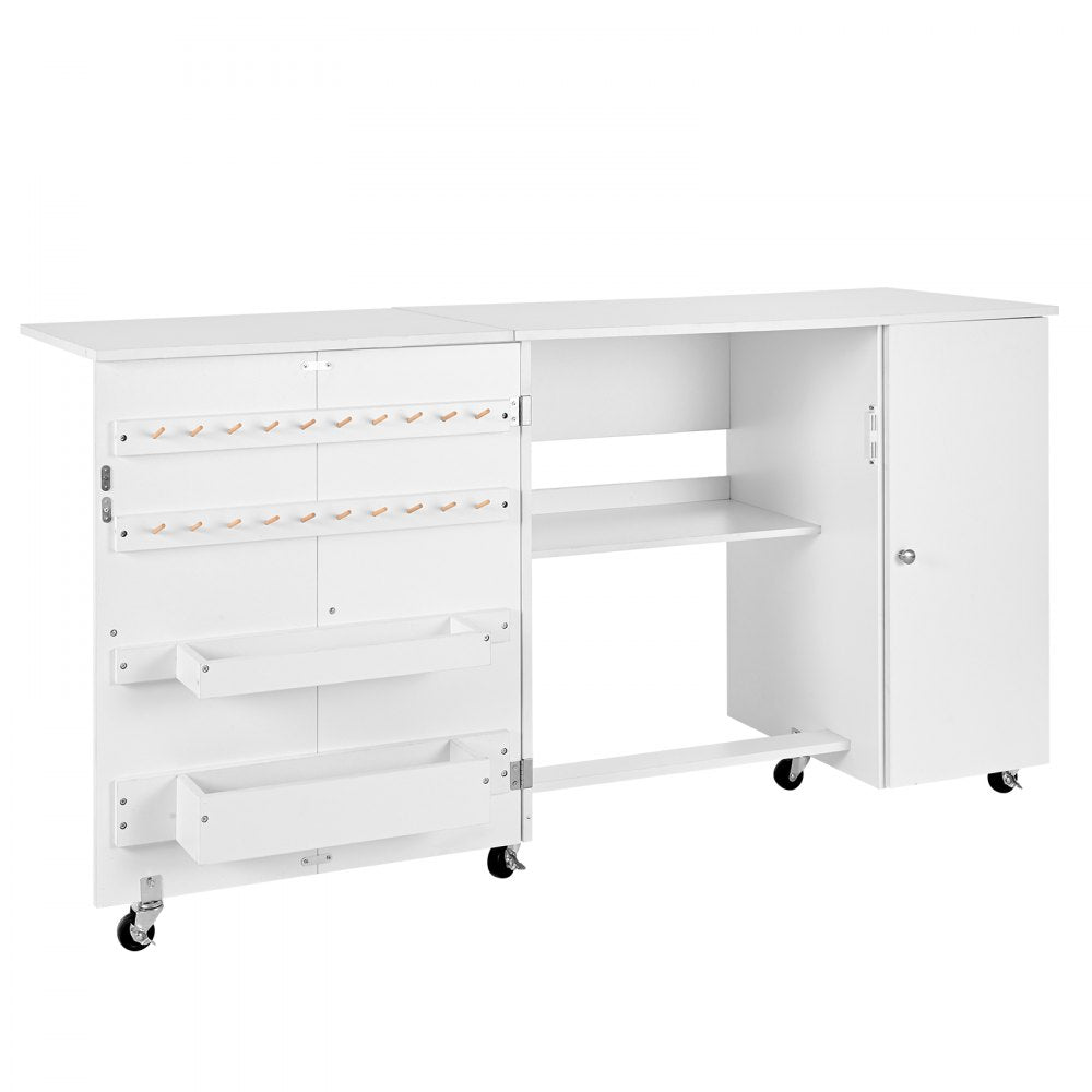 VEVOR Folding Sewing Table, Multipurpose Sewing Machine Table with Cabinet, Compact Design, Wheels, Wooden Pegs, Storage Trays and Shelf, Magnetic Door, Craft Station and Side Desk for Home, White