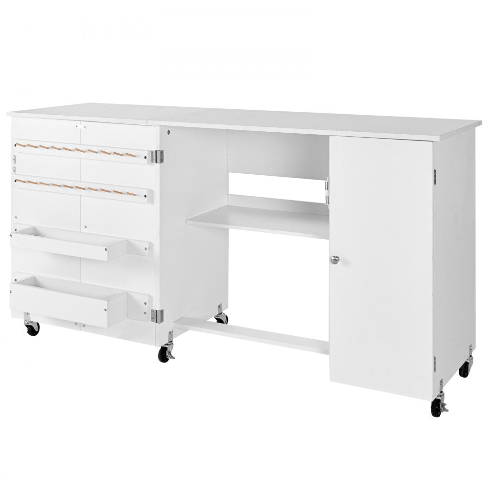 VEVOR Folding Sewing Table, Multipurpose Sewing Machine Table with Cabinet, Compact Design, Wheels, Wooden Pegs, Storage Trays and Shelf, Magnetic Door, Craft Station and Side Desk for Home, White