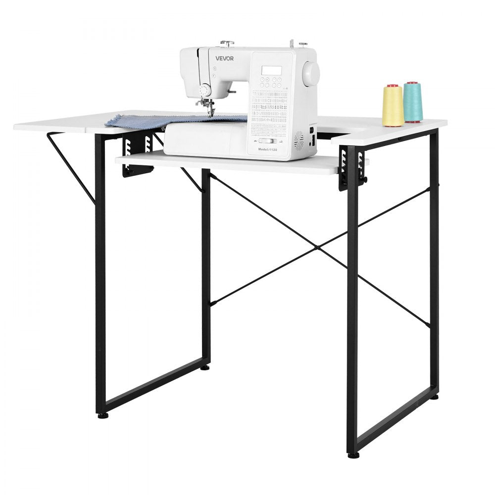 VEVOR Sewing Table, Multipurpose Sewing Machine Table with Foldable Side Shelf, Adjustable Shelf, Steel Legs, Computer Desk for Home, Fashion Studio, Art Studio, Educational Institution, White