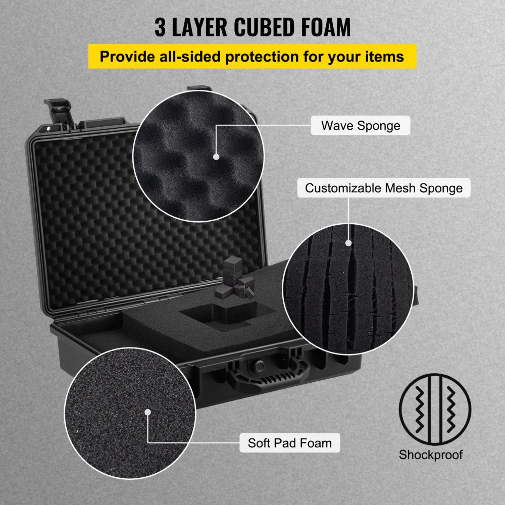 VEVOR Waterproof Hard Case, 19 x 14 x 5 Inches, with Customizable Foam, Portable Protective Hard Camera Case, Shockproof for Laptop, Pistol, Camera, and More, Black