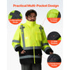 VEVOR High Visibility Reflective Safety Jacket, Waterproof Safety Hoodie, Work Construction Coat with Pockets for Men & Women, Rain Gear Meet ANSI & Class 3, Hi Vis Yellow Coat with Black Bottom, L