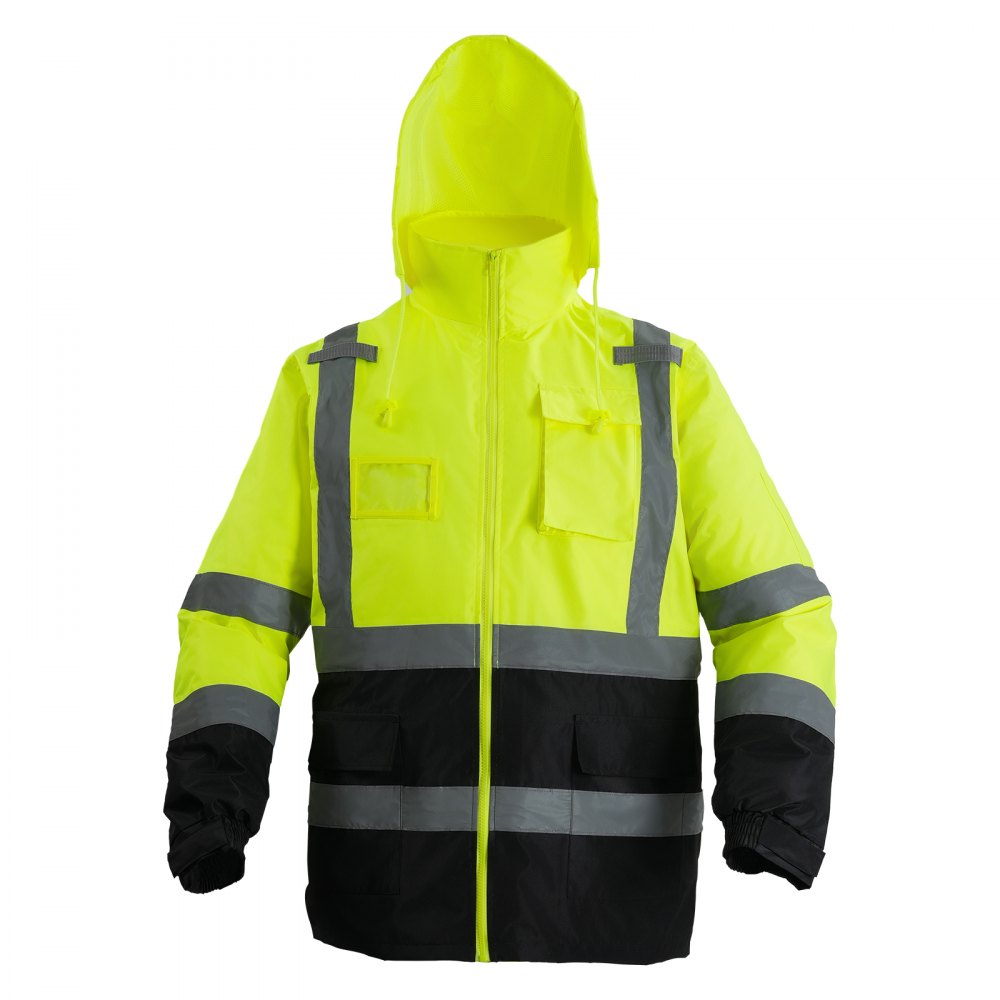 VEVOR High Visibility Reflective Safety Jacket, Waterproof Safety Hoodie, Work Construction Coat with Pockets for Men & Women, Rain Gear Meet ANSI & Class 3, Hi Vis Yellow Coat with Black Bottom, L