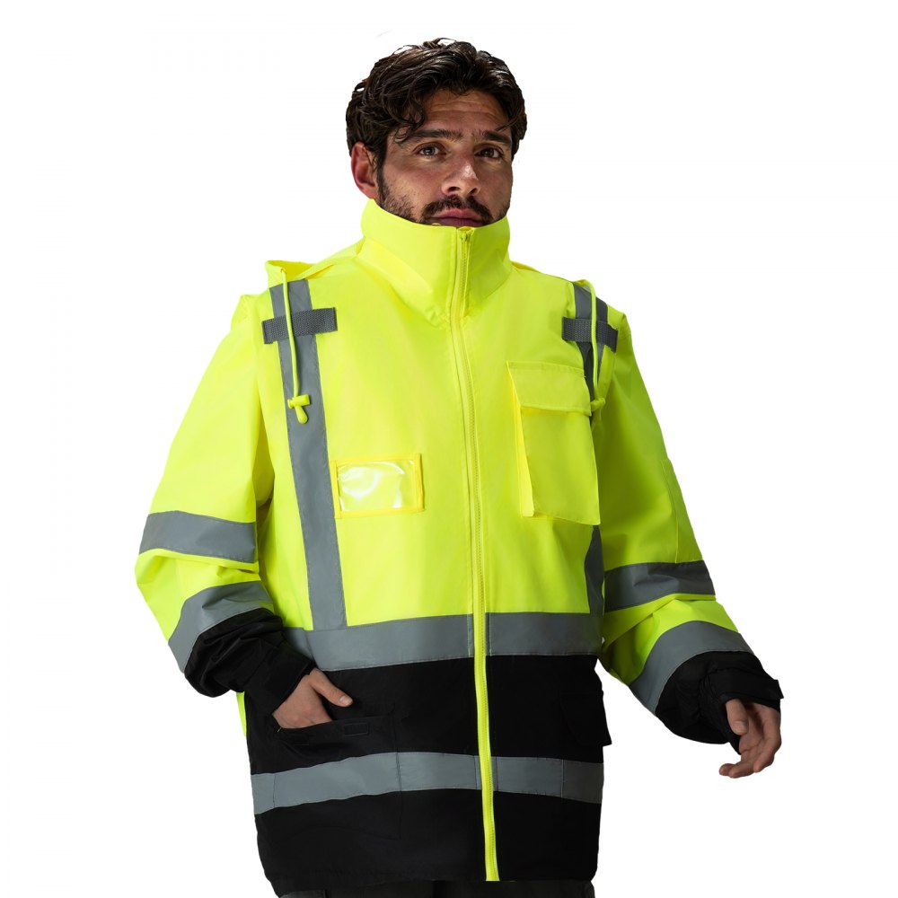 VEVOR High Visibility Reflective Safety Jacket, Waterproof Safety Hoodie, Work Construction Coat with Pockets for Men & Women, Rain Gear Meet ANSI & Class 3, Hi Vis Yellow Coat with Black Bottom, L