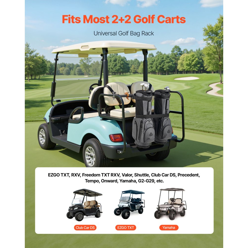 VEVOR Golf Cart Bag Holder, 53.9 x 7.7 x 2.4 Inch, Compatible with Most 2+2 Golf Cart Rear Seat with 1.2-Inch Square Tubes, Adjustable Rear Seat Carts Club Holder with Strap, No Drilling Required