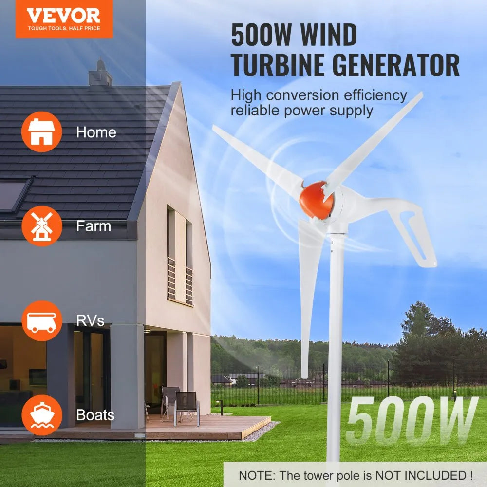 VEVOR 500W Wind Turbine Generator with Anemometer, 12V Wind Turbine Kit, 3-Blade Wind Power Generator, MPPT Controller & Adjustable Windward Direction, Suitable for Home, Farm, RVs, Boats