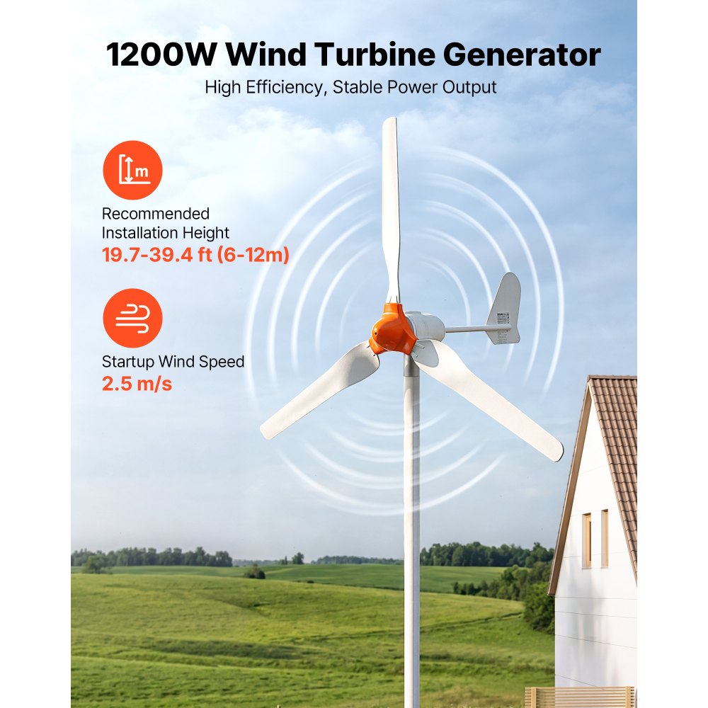 VEVOR 1200W 24V Wind Turbine Generator, 3-Blade Wind Turbine Kit with Wind/Solar Hybrid Controller, Efficient 3-Phase AC Permanent Wind Power Generator for RV Boat Home Farm (Tower Pole Not Included)