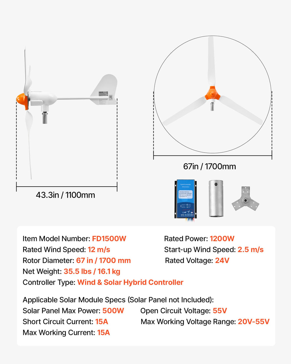 VEVOR 1200W 24V Wind Turbine Generator, 3-Blade Wind Turbine Kit with Wind/Solar Hybrid Controller, Efficient 3-Phase AC Permanent Wind Power Generator for RV Boat Home Farm (Tower Pole Not Included)