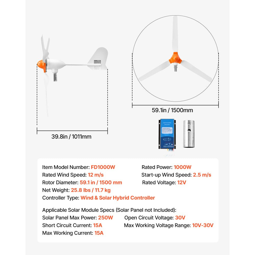 VEVOR 1000W 12V Wind Turbine Generator, 3-Blade Wind Turbine Kit with Wind/Solar Hybrid Controller, Efficient 3-Phase AC Permanent Wind Power Generator for RV Boat Home Farm (Tower Pole Not Include)