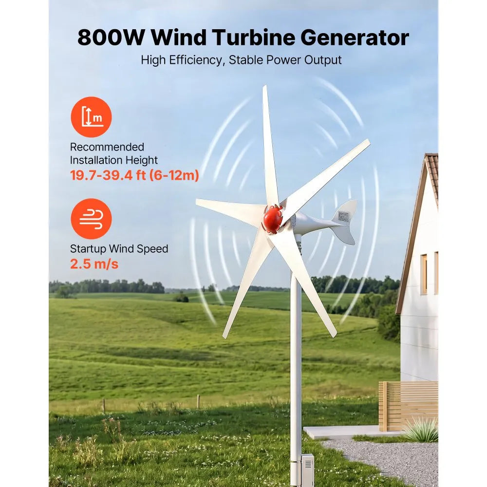 VEVOR 800W 12V Wind Turbine Generator, 5-Blade Wind Turbine Kit with MPPT Controller, High-Efficiency 3-Phase AC Permanent Wind Power Generator for RVs, Boats, Home, Farm (Tower Pole Not Included)
