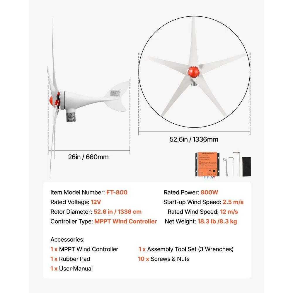VEVOR 800W 12V Wind Turbine Generator, 5-Blade Wind Turbine Kit with MPPT Controller, High-Efficiency 3-Phase AC Permanent Wind Power Generator for RVs, Boats, Home, Farm (Tower Pole Not Included)