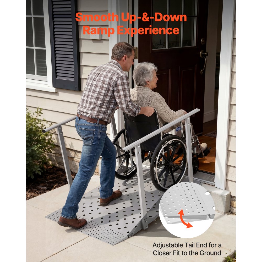 VEVOR Wheelchair Ramp with Handrails, 44.9 x 33.5 in, Heavy Duty Aluminum Handicap Ramp, 440 lbs Capacity, Non-Slip Portable Threshold Ramps for Home Steps, Stairs, Doorways, Curbs, Walkers, Scooters
