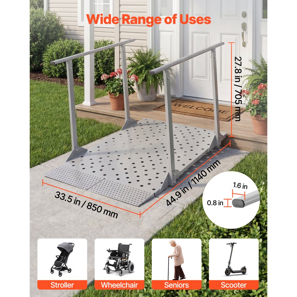 VEVOR Wheelchair Ramp with Handrails, 44.9 x 33.5 in, Heavy Duty Aluminum Handicap Ramp, 440 lbs Capacity, Non-Slip Portable Threshold Ramps for Home Steps, Stairs, Doorways, Curbs, Walkers, Scooters