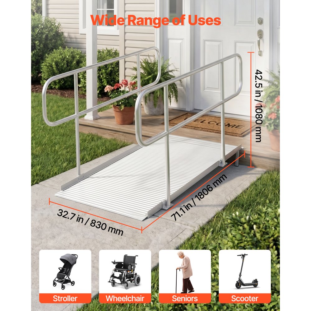 VEVOR Wheelchair Ramp with Handrails, 71.1 x 32.7 in, Heavy Duty Wide Aluminum Wheelchair Ramp with Adjustable Legs, 1000 lbs Capacity, Portable Threshold Ramps for Home Steps, Stairs, Doorways, Curbs