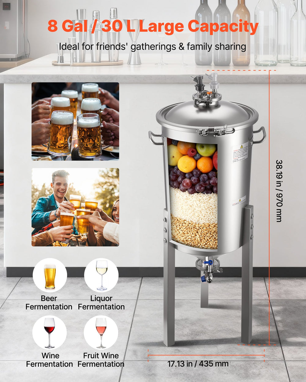 VEVOR Pressure Fermenter 15 PSI, 8 Gal/30L All-in-One Stainless Steel Conical Secondary Fermentation Bucket, for Wine, Beer Brewing Equipment